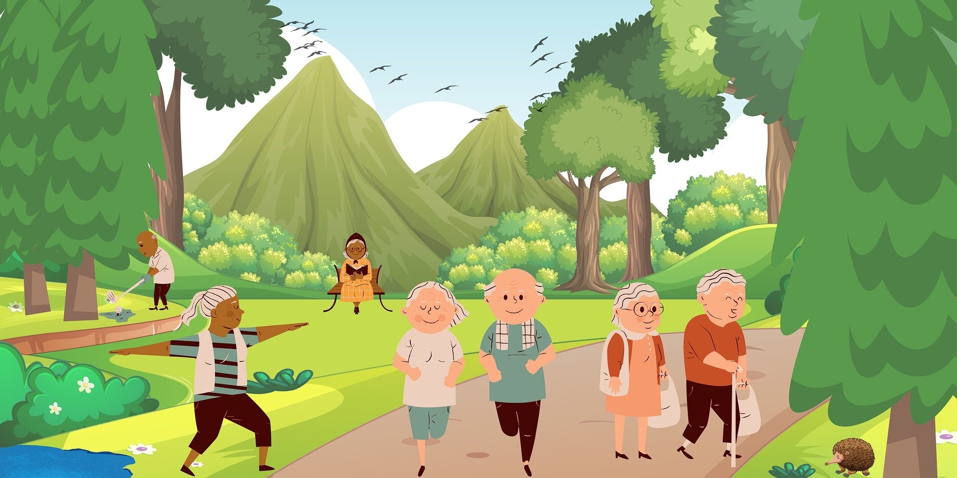 Äldre personer som promenerar i parken